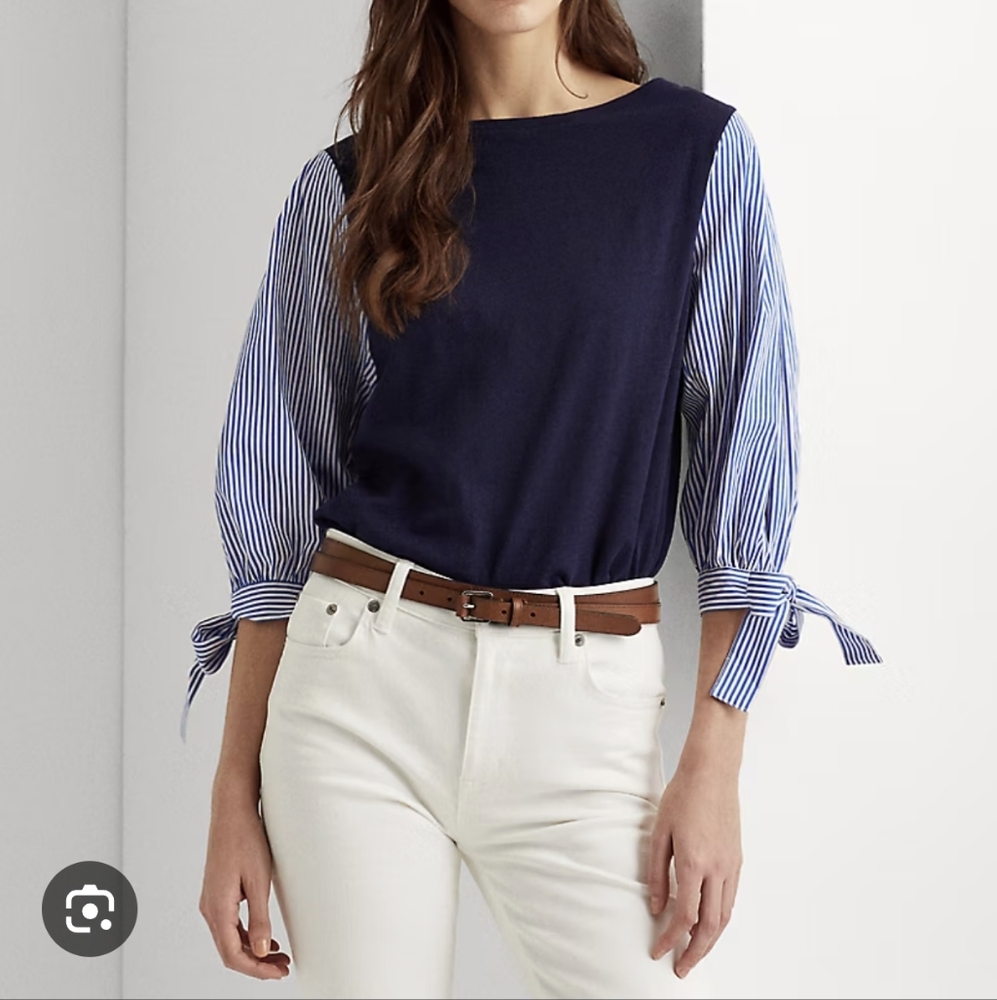 Navy Blue Mixed-Stripe Sleeve Women's Top